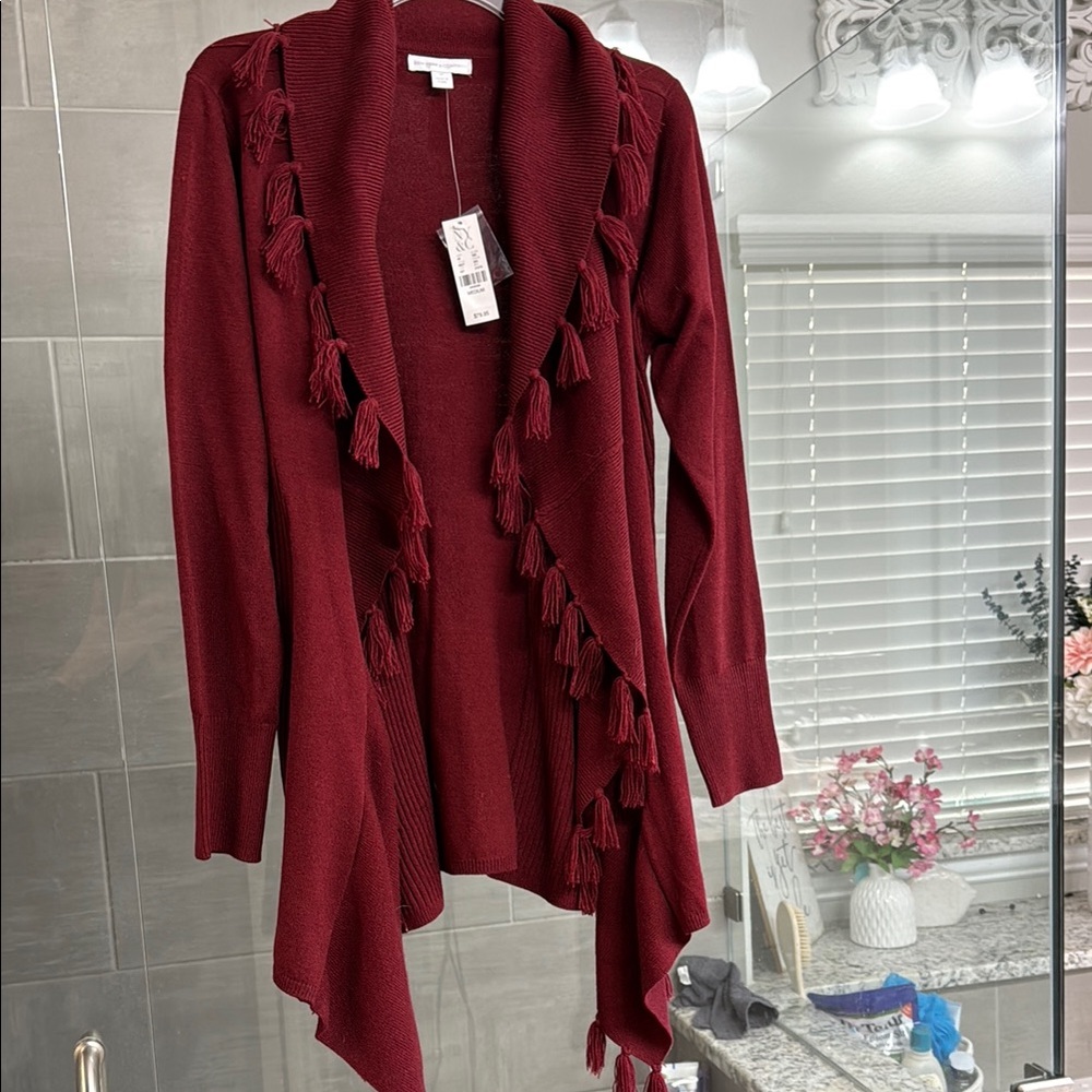 New York & Company Red Cardigan Sweater Open Front Long